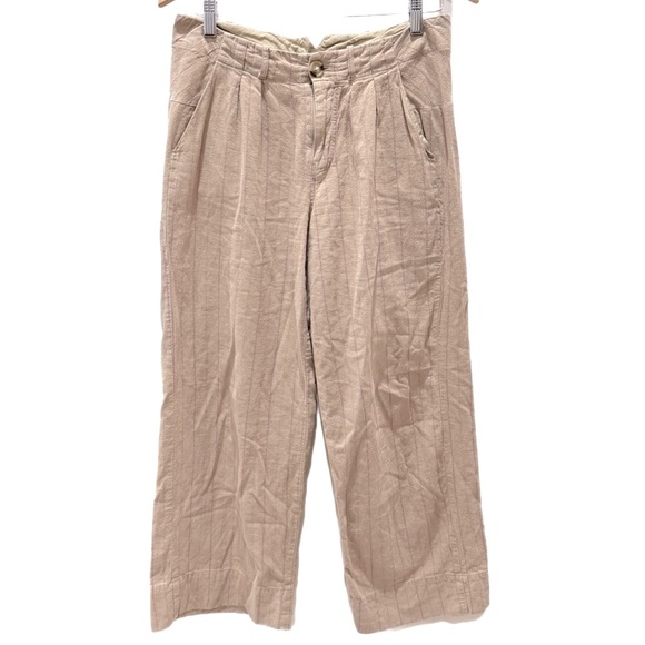 FREE PEOPLE Pleated Linen Blend Wide Leg Trousers in Tan and Pink Pinstripe 4 - Picture 4 of 5